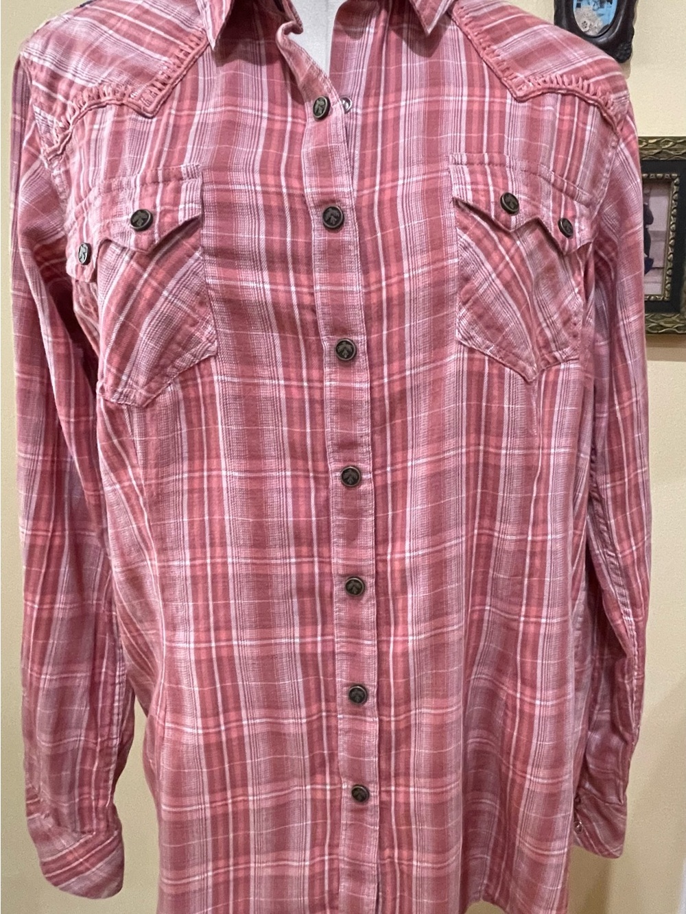 Ariat REAL Terracotta Plaid Thunderbird Western Snap Shirt L - Picture 4 of 10